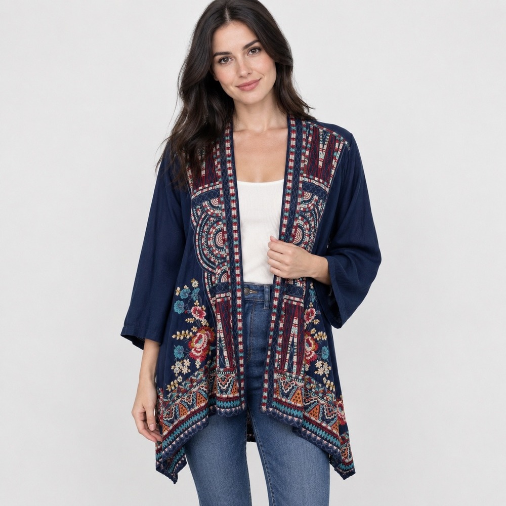 JWLA Johnny Was Cardigan Embroidered Open Front Navy Blue